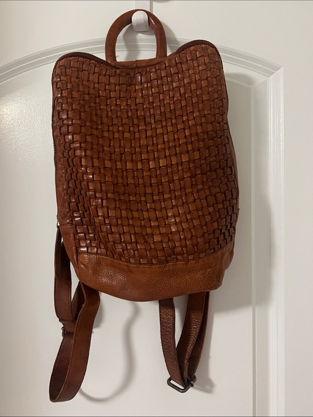 Woven Leather Backpack in Chestnut Brown - Women's Backpack